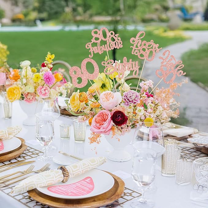Gyufise 15Pcs 80th Birthday Centerpiece Sticks Eighty Happy 80th Table Flower Centerpieces Sticks Cheers to 80 Floral Decorations for 80th Birthday Party Centerpieces Supplies Rose Gold