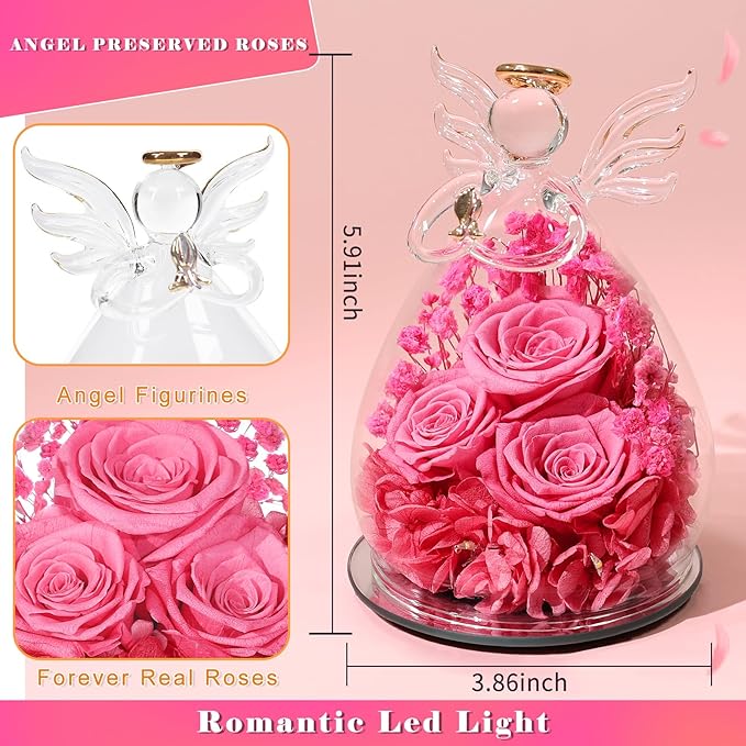 Beferr Christmas Birthday Gifts for Women, Mom Gifts for Christmas Fresh Flowers for Delivery Prime Forever Preserved Rose in Glass Angel Figurine Xmas Gifts for Grandma Wife Sister Her, Rose Pink