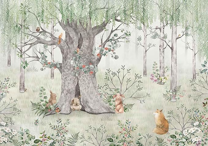 Green Forest Wallpaper Fox Pine Mouse Big Tree Mural for Children's Room Living Room Bedroom (Not Self-Adhesive)