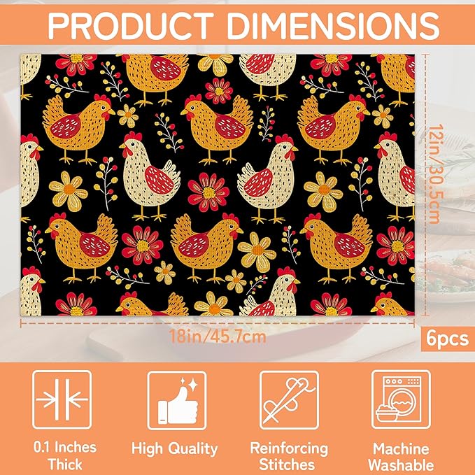 Cute Roosters Placemat Set of 6,Flower Heat Resistant Linen Table Mats for Indoor Outdoor Home Kitchen Dining Room Table 12x18Inch