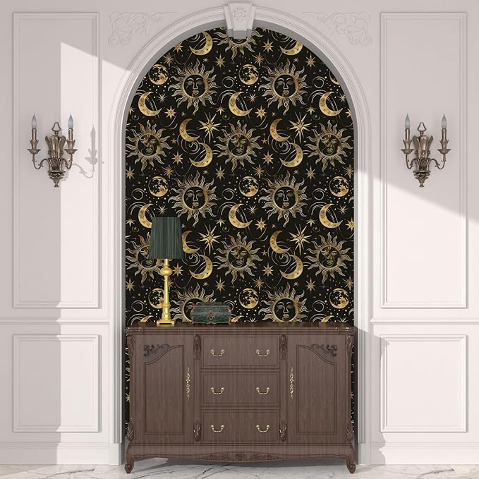 Black Peel and Stick Removable Vintage Wallpaper Gold Celestial Sun Moon Star Contact Paper 17.5" x 118" Dark Boho Mural Waterproof for Wall Bedroom Kitchen Bathroom Cabinet Room Decor