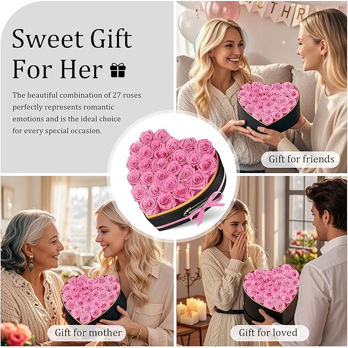 27 Preserved Roses in Heart Shape Gift Box for Her - Forever Flowers for Delivery, Eternal Rose Mothers Gifts for Mom, Wife Anniversary Birthday Gifts for Women, Pink