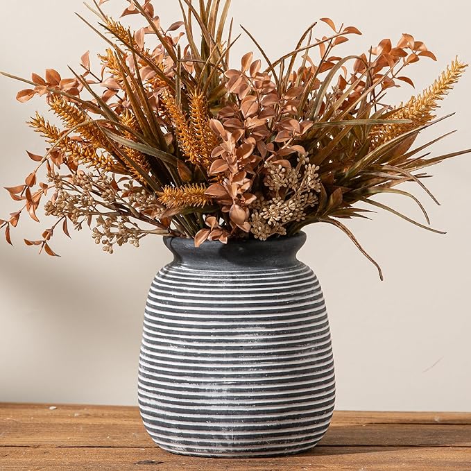 Ceramic Rustic Vase,7.48" Flowers Pottery Vases Home Decor Round Wide-Mouth Farmhouse Decorative Vase for Flowers Pampas for Table Living Room Entryway Mantel Shelf Kitchen Bathroom Bedroom