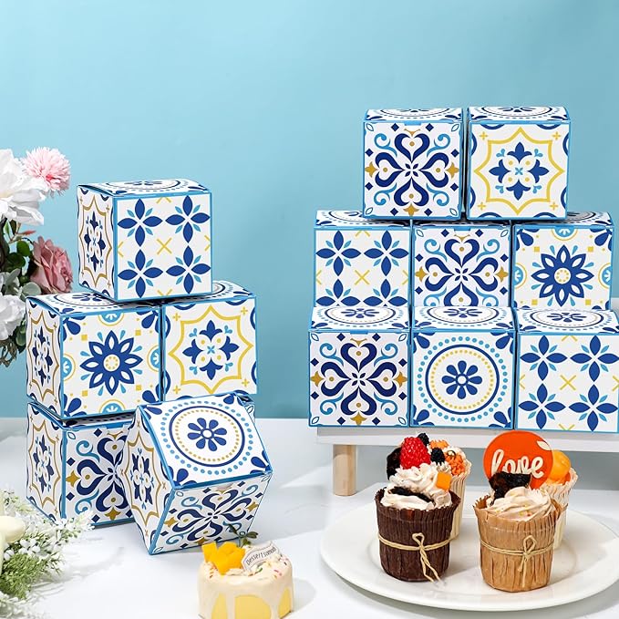 TecUnite 50 Pcs 3x3x3'' Amalfi Coast Party Gift Boxes Amalfi Coast Party Favor Candy Boxes Decorations Small Blue Yellow Paper Packaging Bags for Wedding Birthday Baby Shower Supplies