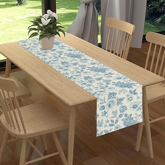 Blue Floral Table Runner, Spring Summer Sketch Wildflower Vintage Country Farmhouse Coffee Table Center Decor for Home Kitchen Dining Patio Holiday Party Table Decorations 13x72 inches