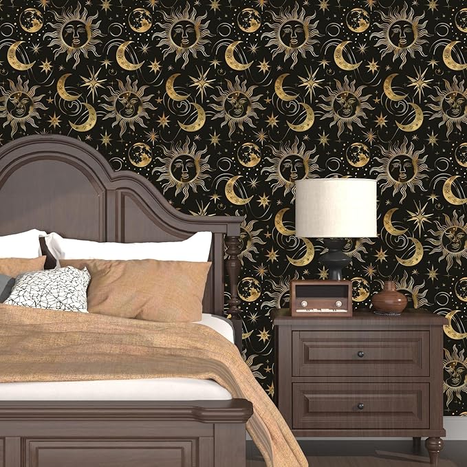Black Peel and Stick Removable Vintage Wallpaper Gold Celestial Sun Moon Star Contact Paper 17.5" x 393" Dark Boho Mural Waterproof for Wall Bedroom Kitchen Bathroom Cabinet Room Decor