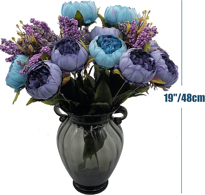 2pcs Artificial Peony Bouquets,19 Inch Silk Peony Bunch with 7 Faux Flowers,Classical Style Artificial Flowers with Leaves and Ornaments for Wedding,Home Décor Centerpieces(Blue)