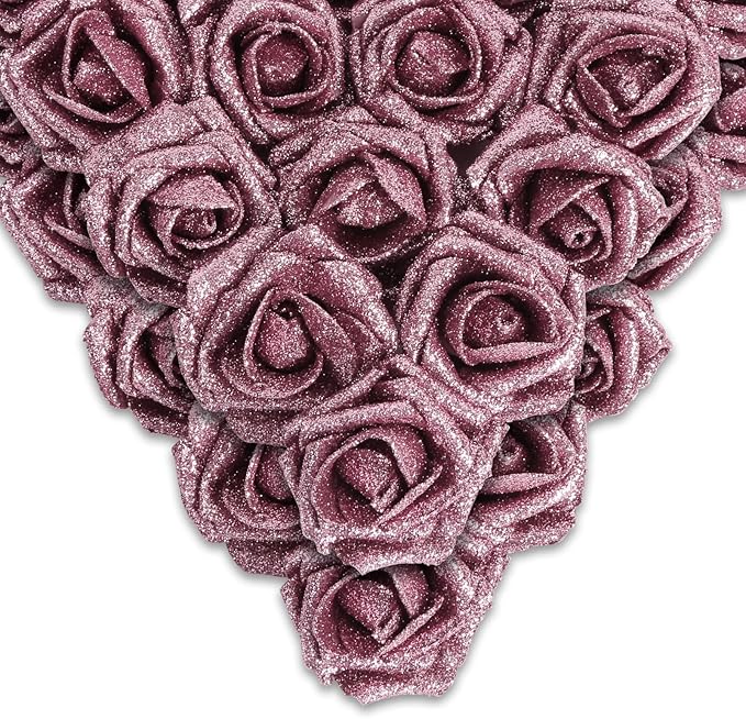 IPOPU Fake Roses,50PCS Rose Gold Flowers Artificial Glitter Roses with Stems for Crafts DIY Wedding Bouquet Home Party Decoration(Rose Gold)