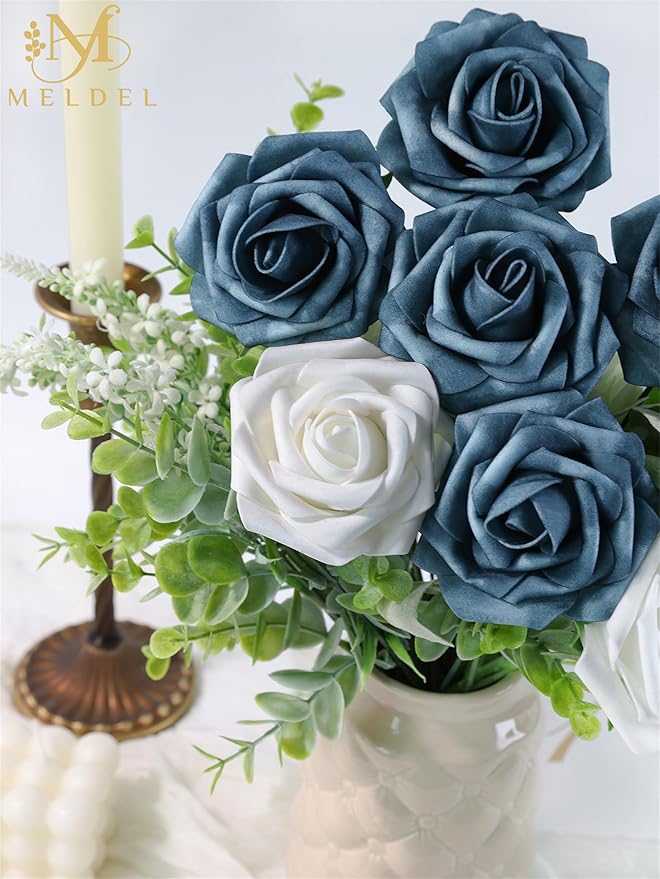 Meldel Artificial Flowers 25pcs Real Looking Dutch Blue Dusty Blue Foam Fake Roses with Stems for DIY Wedding Bouquets Bridal Shower Centerpieces Floral Arrangements Home Decorations
