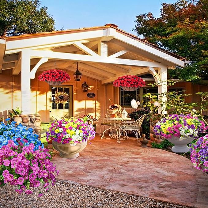 Artificial Outdoor Flowers 16 Bundles Fake Morning Glory Flower Outdoor UV Resistant Plastic Faux Flowers Plants for Decoration Indoor Outdoor Hanging Window Box Planter Home Porch Decor (Purple)