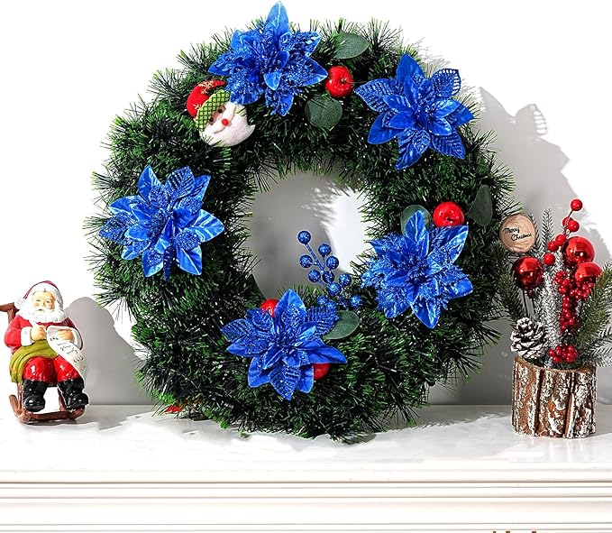 24 Pcs Royal Blue Boxed Christmas Poinsettia Flowers Set, 16 Pcs Artificial Poinsettias with Clips, 8 pcs Glitter Christmas Tree Ornaments Berry Stems for Wedding Home Holiday Xmas Decorations