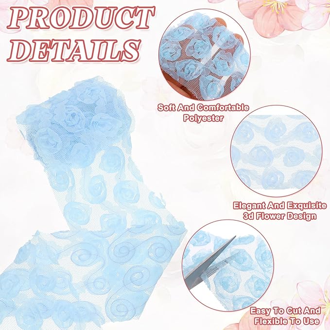 uxcell 2PCS Lace Trim Ribbon, 2.36 inch - 1 Yard 3D Rose Floral Embroidery Ribbons Edge Trimming for Sewing, Wedding Dress, DIY Crafts, Decoration Accessories, Light Blue