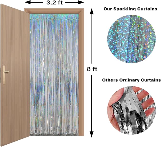 Melsan Christmas Party Decorations Foil Curtain, 2 Pack 3.2 ft x 8 ft Silver Tinsel Foil Fringe Backdrop, Sparkle Metallic Streamers for Disco Bachelorette Party Decorations, Silver Tinsel Backdrop