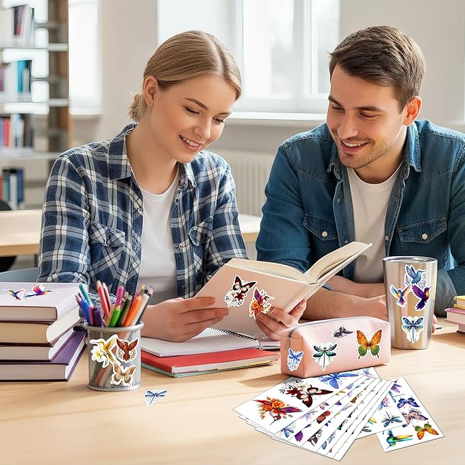 100 PCS Butterfly Dragonfly Hummingbird Stickers Pack, Vinyl Waterproof Decals of Colorful Butterflies Delicate, Gift for Teens Adults Students Wall Decor Laptop Water Bottle Scrapbook Helmet