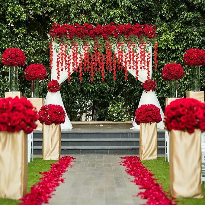 5 Pack Red Wisteria Hanging Flowers, 3.44 Ft Fake Hanging Flowers, Artificial Wisteria Garland Vines for Wedding Room Backdrop Outdoor Patio Garden Decoration