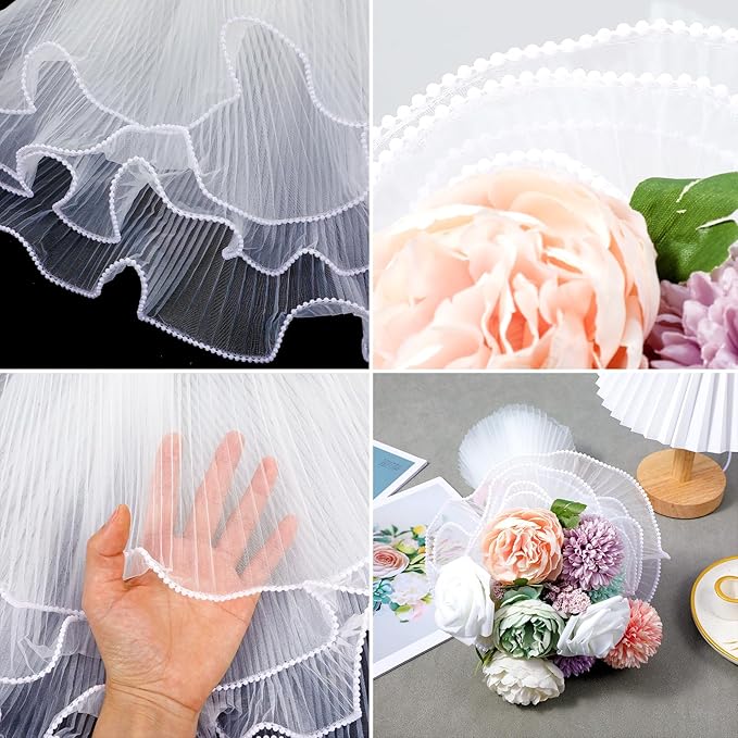 Ymapinc Pearl Mesh for Bouquets, 4 Yard White Floral Mesh Paper, Pearl Wrapping Paper for Bouquet Bride Wedding Gift Packaging Mother's Day - Wrinkled Translucent Design (144x10.63inch)