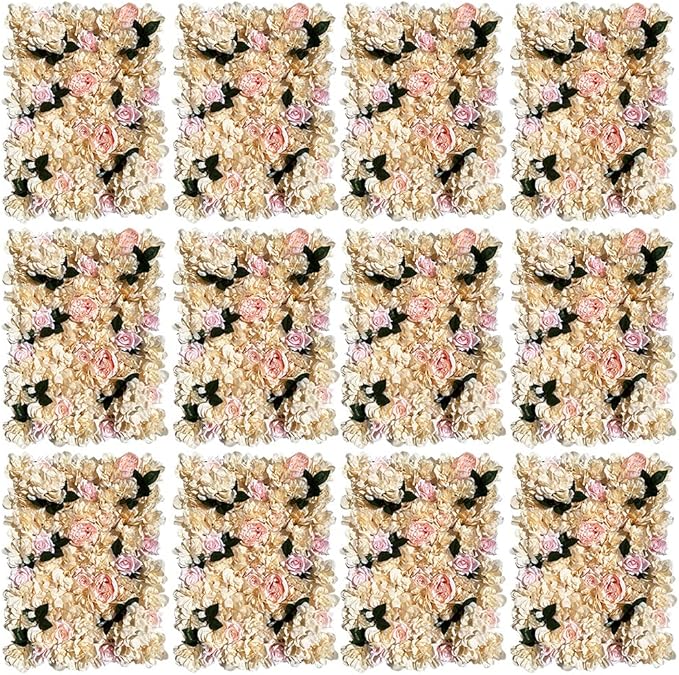 LOYALHEARTDY 12 Pack Artificial Flower Wall Panels 24" x 16" Khaki Faux Hydrangea and Rose Artificial Flower Backdrop Panels for Wedding Party Event Flower Wall Decor