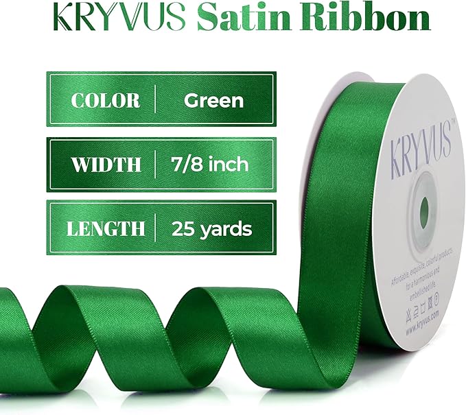 Green Satin Ribbon, Double Faced 7/8 Inch X 25 Yards Green Ribbon, Premium Satin Ribbon for Gift Wrapping, Crafts, Hair Bow Making, Sewing, Flower Bouquet, Wedding Party Decor