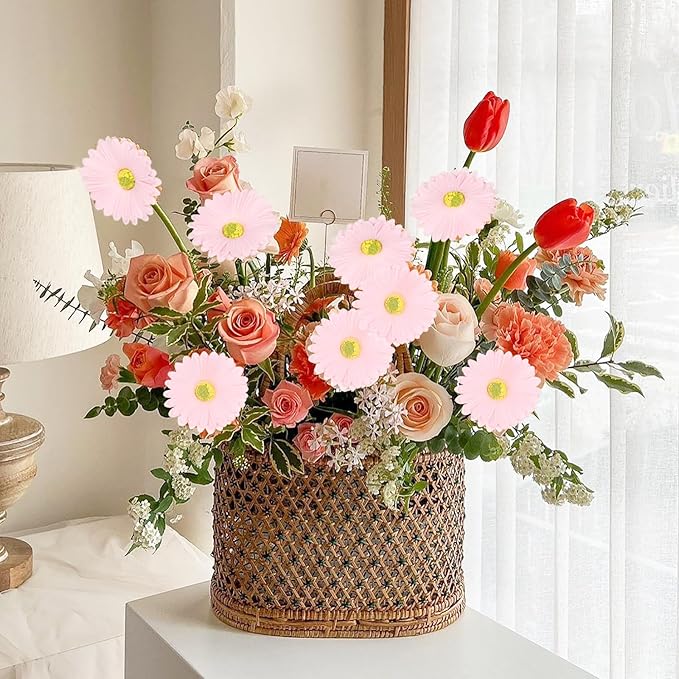 IPOPU Pink Gerbera Daisy Artificial Flowers,20PCS Fake Daisies Artificial Daisy Flowers with Stems for Wedding Party Office Home Decorations(Light Pink)
