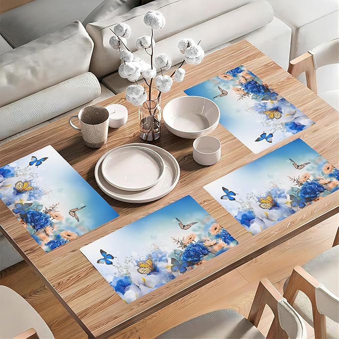Flying Butterfly Placemats Set of 4, Blue Flowers 12x18 Inch Non-Slip Washable Heat Resistant Linen Fabric Table Mats,Place Mats for Holiday Party