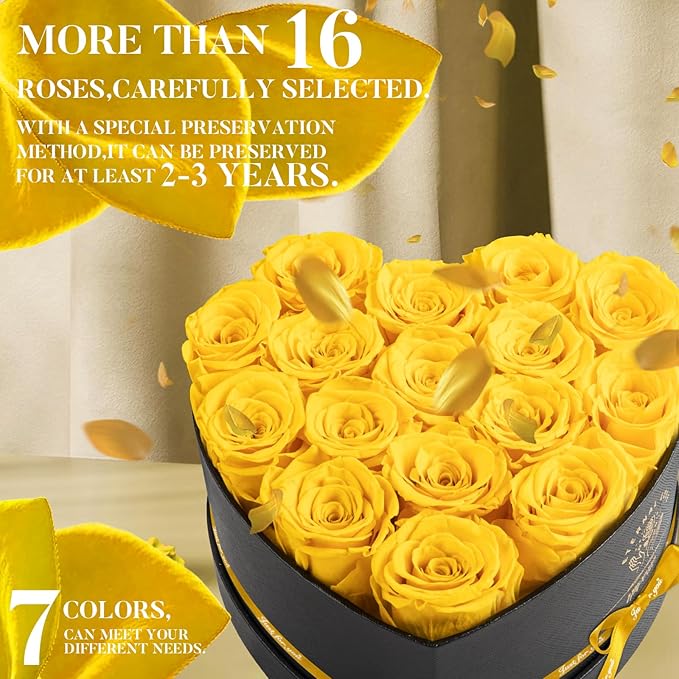 16-Piece Forever Flowers Heart Shape Box - Preserved Roses, Birthday Gifts For Women- Flower Delivery Prime, Valentines, Anniversary, Wedding Gifts- Yellow Roses