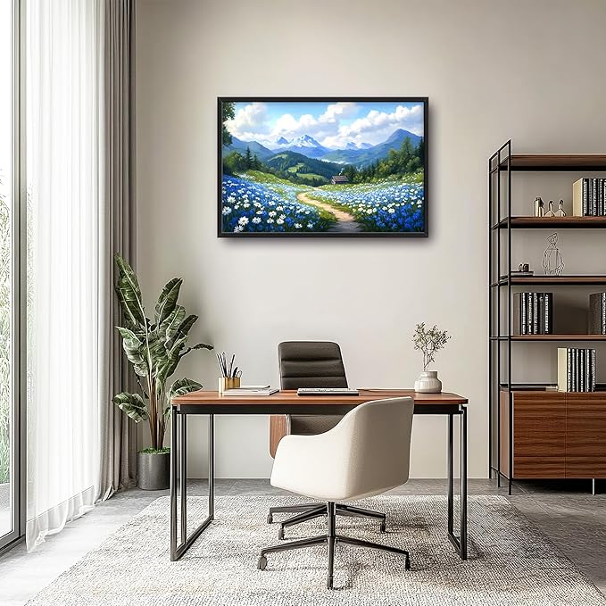 Mountain Large Wall Art Framed Wall Decor for Living Room Countryside Wildflowers Pictures Oversized Canvas Print Painting Modern Extra Large Framed Artwork for Bedroom Office 36"x24"