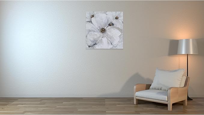 SYGALLERIER Abstract Flower Wall Art - Gray and White Floral Oil Painting with Gold Foil Embellishments - Handmade Canvas Wall Art 40x40 Inch