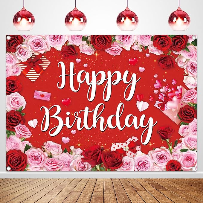 Rose Happy Birthday Backdrop for Women Red Pink Floral Birthday Photography Background Girl Flower Party Decorations Banner Booth Props (8x6FT(94 x 70 inch))