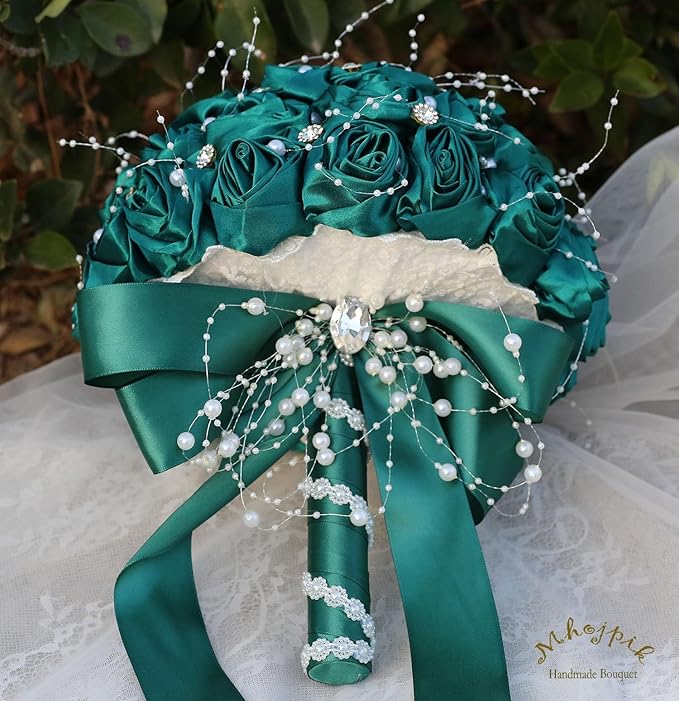 Bridal Wedding Bouquet Round Bling Brooch Bouquet Throw Toss Artificial Rose Flower Bunch for Bride Bridesmaid Wedding Quinceanera(Dark Green, 9.8")