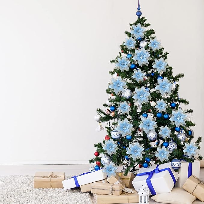 Geosar 24 Pieces Christmas Glitter Poinsettia Flowers Layered Artificial Xmas Flowers Wedding Christmas Tree New Year Ornaments 3/4/6 Inch(Blue)