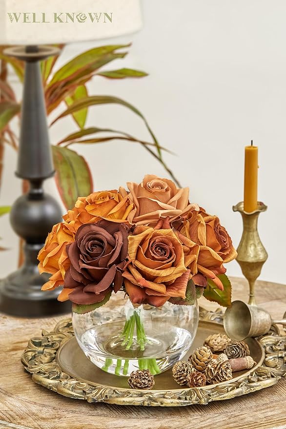 WELL KNOWN Silk Rose Artificial Flowers Arrangements with Vase, Artificial Rose Bouquet in Round Bowl Vase with Faux Water for Home Party Wedding Table Decor & Gift (Maillard Brown & Burnt Orange)