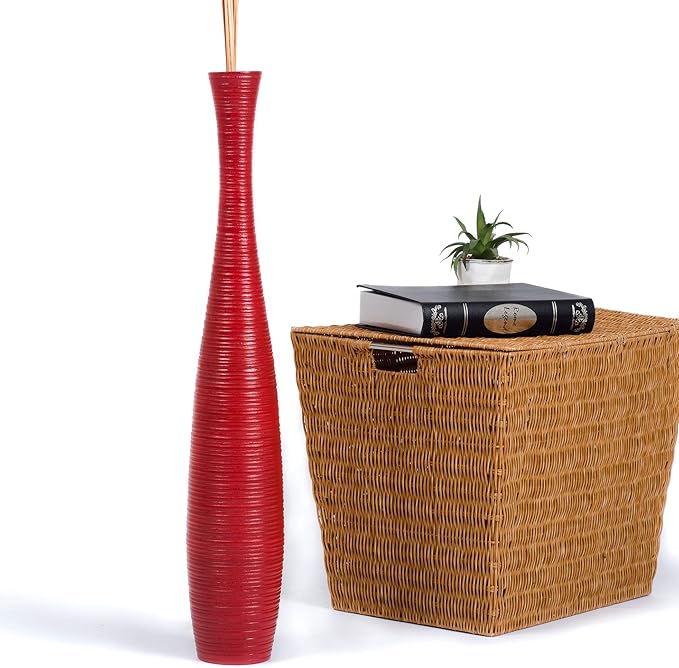 Leewadee Large Red Home Decor Floor Vase - Wooden 26 inch Tall Farmhouse Decor Flower Holder for Fake Plant and Pampas Grass