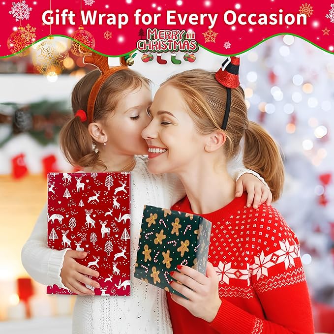 Novnsoi Christmas Wrapping Paper for Gifts (4 Rolls: 148 sq. ft. ttl) Funny Candy Cane Santas, Reindeer, Christmas Tree, Snowflakes - 30 inches x 14.8 feet Per Roll