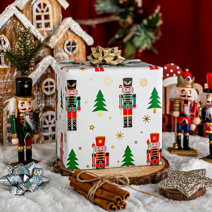 Yarcony Nutcracker Wrapping Paper Roll, White Christmas Wrapping Paper, Metallic Foil Elegant Christmas Tree, Nutcracker Gift Wrap for Holiday, New Year, Celebrations (Mini Roll, 17 Inch X 33 Feet)