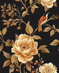 Vintage Floral Bird Wallpaper Peel and Stick Boho Wallpaper 17.5in x118in Black/Golden Floral Wall Mural Waterproof Self-Adhesive Modern Wall Paper for Bedroom Kitchen Cabinet Drawer Decor