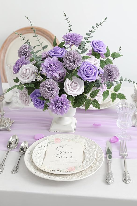 Artificial Flowers Combo Box Set Gradient Color Flower Leaf with Stems for DIY Wedding Bouquets Centerpieces Baby Shower Party Home Decorations (Lavender Purple)
