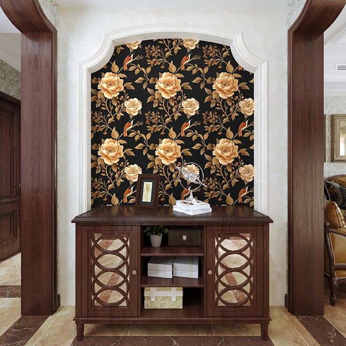 Vintage Floral Bird Wallpaper Peel and Stick Boho Wallpaper 17.5in x393in Black/Golden Floral Wall Mural Waterproof Self-Adhesive Modern Wall Paper for Bedroom Kitchen Cabinet Drawer Decor