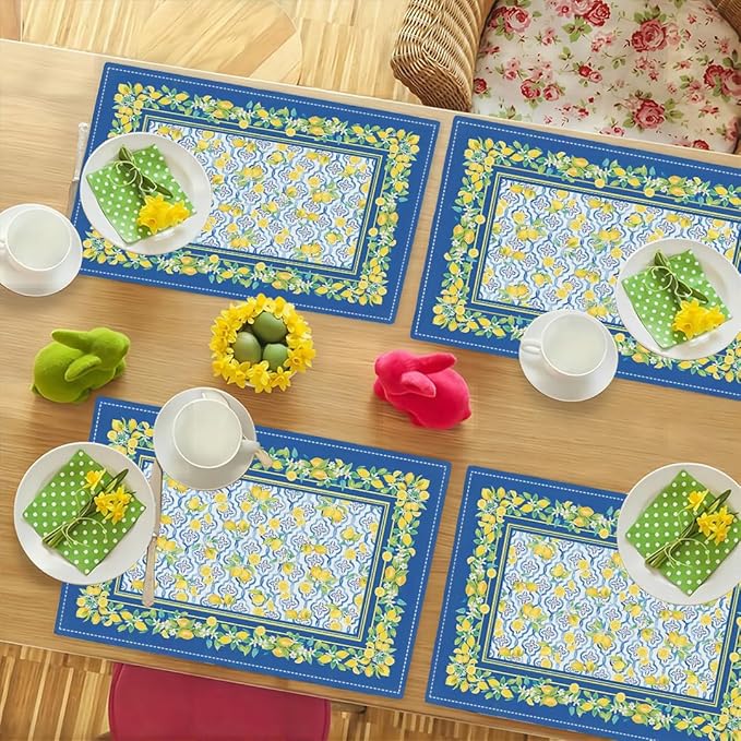 Lemon Placemats Set of 6, Farmhouse Blue Yellow Fruits Spring Summer Double-Sided Table Mats for Kitchen Dining Room Home Party Indoor Decor 6 PCS 12x18 Inch