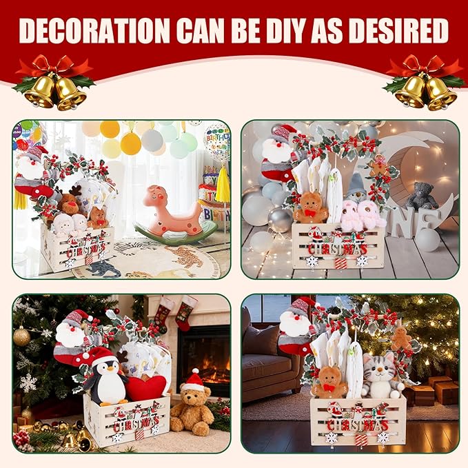 XIANMEI Christmas Wooden Baby Shower Crate Closet, Baby Basket With Artificial Wreath Garland & Accessories - Baby Shower Basket for Newborn Boys Girls, Pregnancy Gifts for New Parents