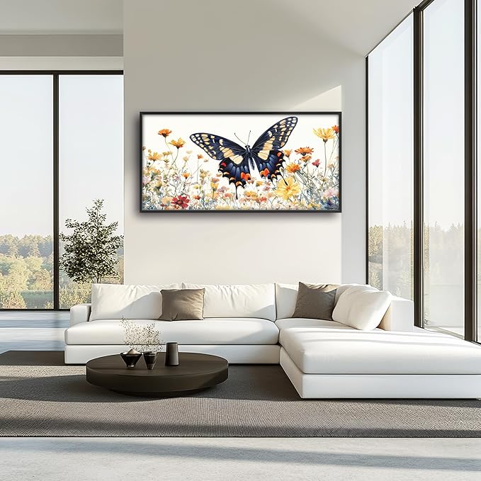 Framed Large Pictures Wall Art for Living Room, Butterfly Oversized Wall Decor Colorful Butterfly Floral Canvas Print Painting Modern Extra Large Framed Artwork for Bedroom Office 60"x30"
