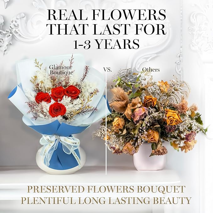 GLAMOUR BOUTIQUE Preserved Flowers Bouquet - Flowers Forever in a Box with Hydrangeas & More, Gift Ready for Anniversary, Birthday, Mother's Day, Long-Lasting 1-3 Years - Orange