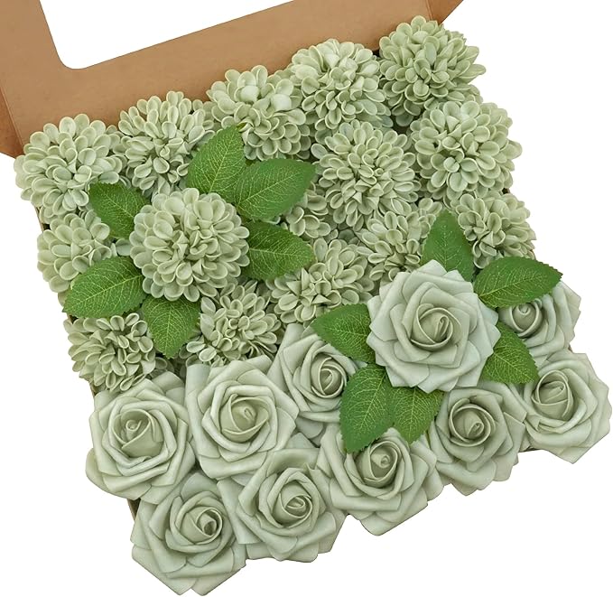 Artificial Flowers, 100pcs Sage Green Artificial Rose for DIY Wedding Bouquets Centerpieces Arrangements, Sage Green Rose and Dahlia Flowers with Stem for Bridal Shower Party Home Decorations
