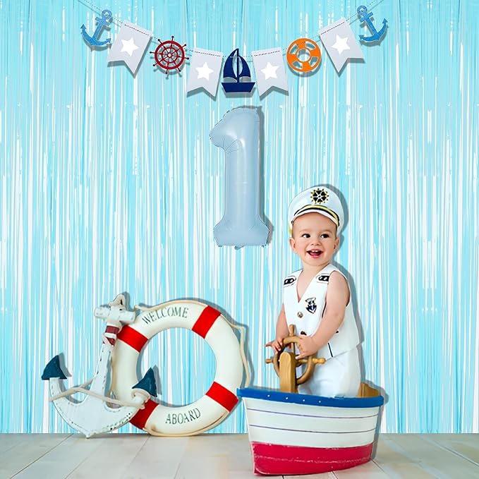 BRAVESHINE Foil Fringe Curtains Backdrop - 2Pcs Pastel Blue Streamers Tinsel Backdrop for Christmas/Winter’s Snowflake/Frozen/Baby/Boy/Under Sea/Shark/Mermaid/Bachelorette/Birthdays Party Decorations