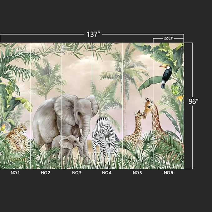 Tropical Animal Plants Peel and Stick wallpeper Nursery Kids Bedroom Elephant Wall murals for Bedroom Living Room - 96"x137"