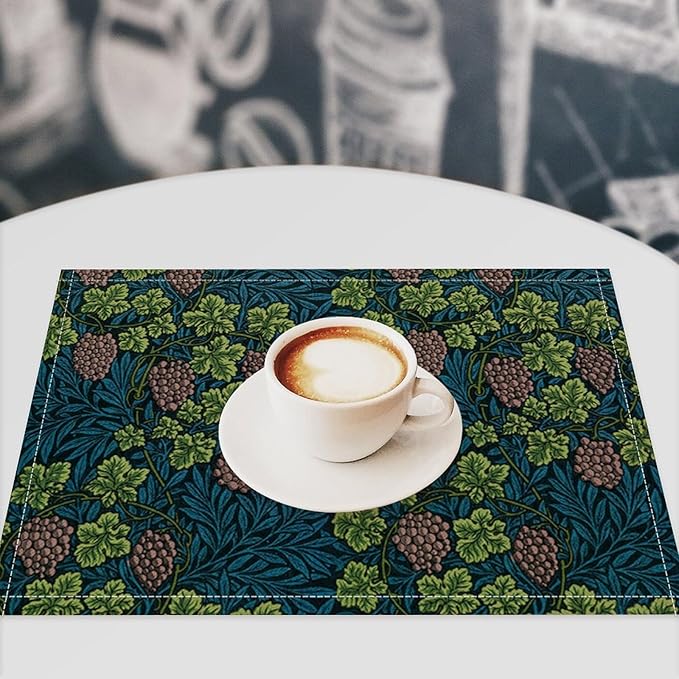 William Morris Vintage Botanical Placemats Set of 4, Retro Grapes Vines Flower Boho Plant Place Mats, Heat Resistant Non Slip Cotton Linen Dining Table Mats for Home Kitchen Party 18x12 Inch