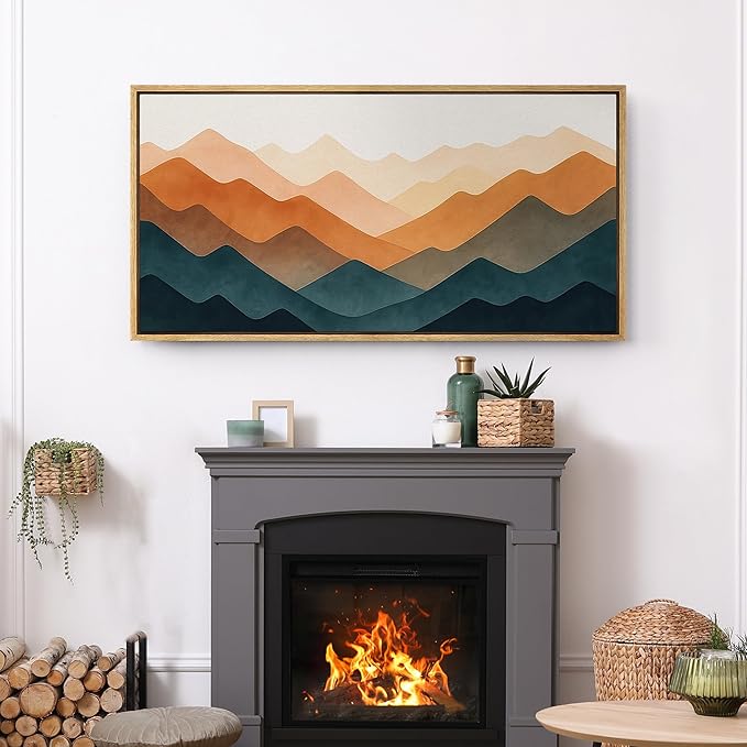 SIGNFORD Extra Large Framed Canvas Print Wall Art Colorful Geometric Overlapping Mountains Illustrations Modern Art Relax/Calm Warm for Living Room, Bedroom, Office - 60"x30"