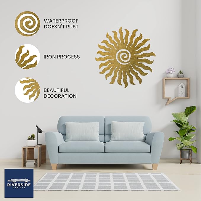 Riverside Designs Sunburst Metal Wall Art Steel Outdoor Decor - Heavy-Duty and Waterproof - Made in USA (24", Gold)