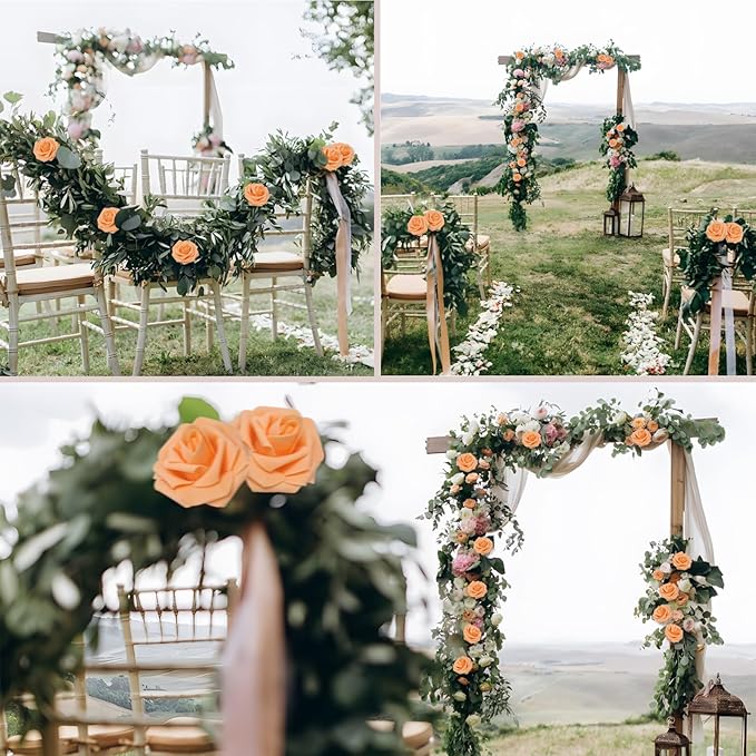 200PCS Orange Artificial Flowers Roses Real Looking Foam Fake Roses with Leaves for DIY Wedding Bouquets Bridal Shower Party Decorations (Orange, 200)