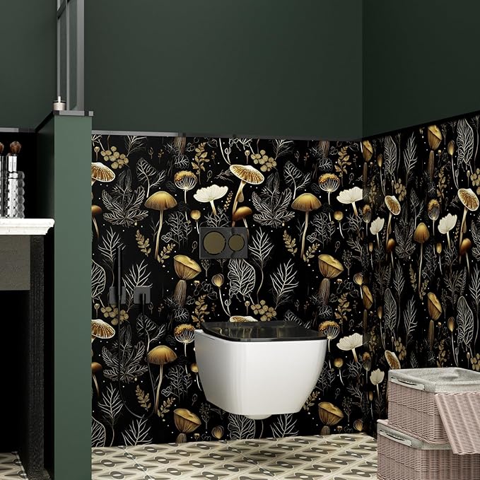 Boho Wallpaper Peel and Stick Dark Floral Contact Paper 17.5" x 118" Vinyl Self Adhesive Vintage Mushrooms Wall Mural Leaf Wall Paper for Room Countertop Drawer Decor(Golden,Black)