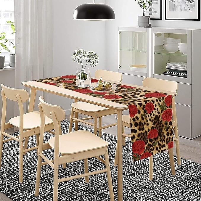 Red Rose Leopard Print Table Runner, Romantic Vintage Rose Flower Spring Summer Dinner Runner Table Decoration for Home Kitchen Dining Holiday Wedding Party 13x60in